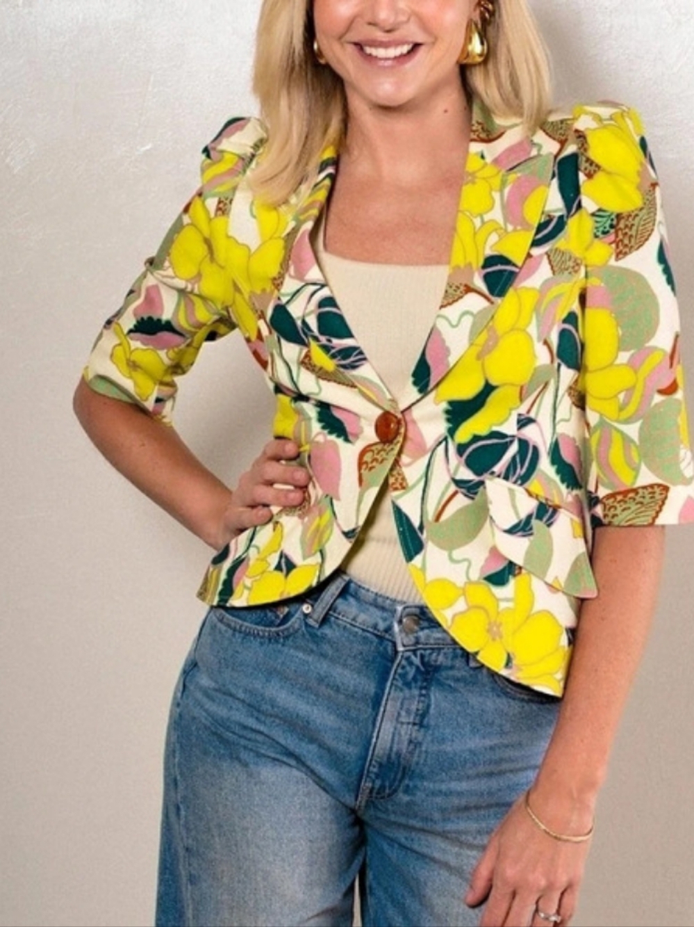 NWT Smythe Crop Sleeve Pouf One Button Blazer Floral in Citrus Cabana Size 4